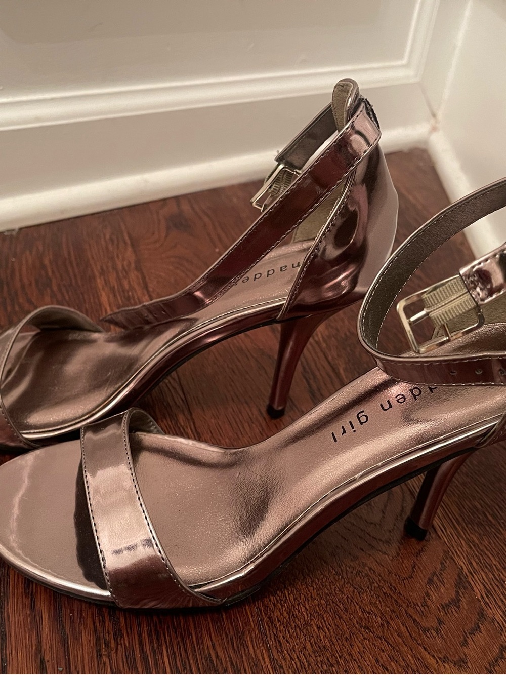 Madden Girl Metallic Rose Gold Ankle Strap Heels